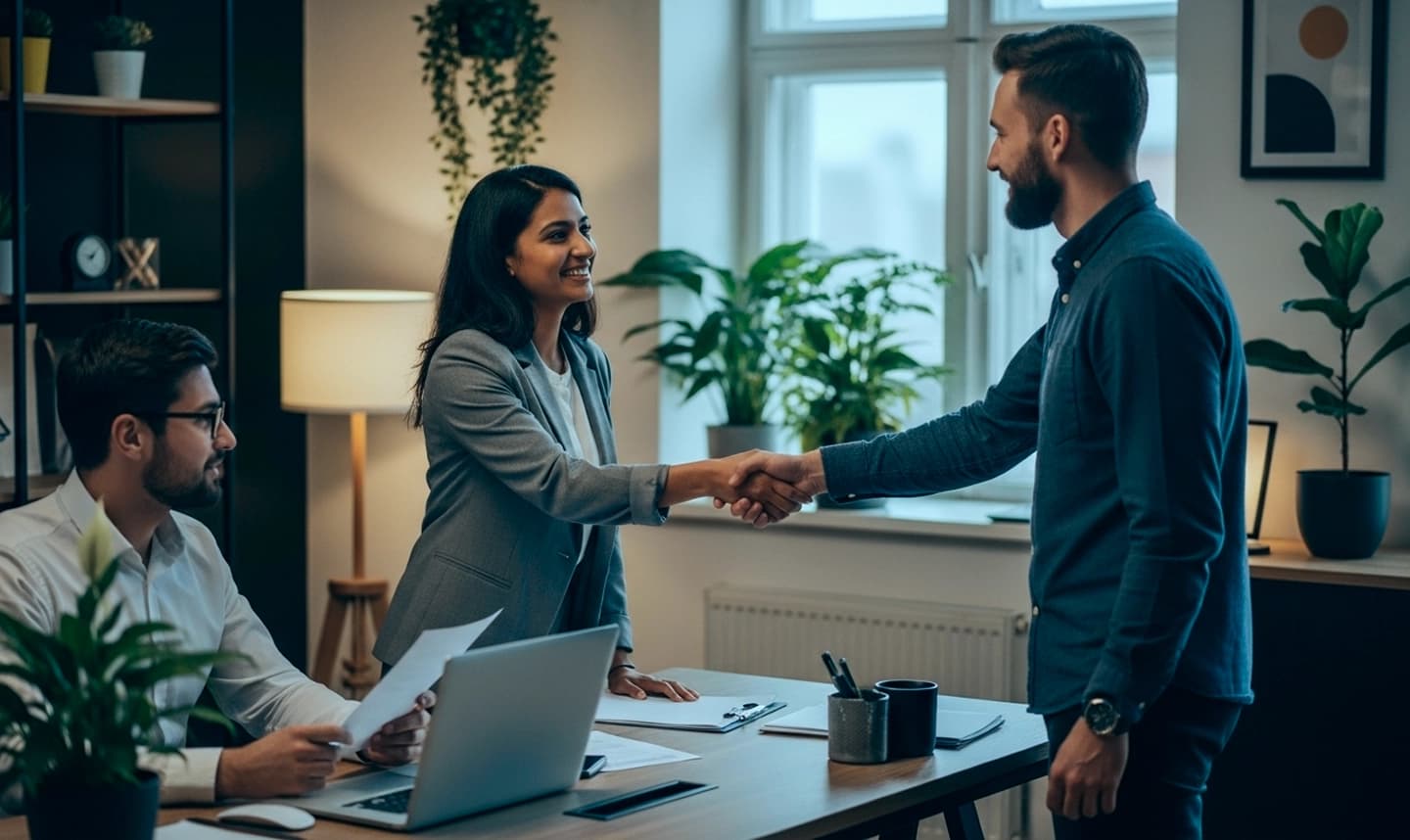 Hands shaking in an office